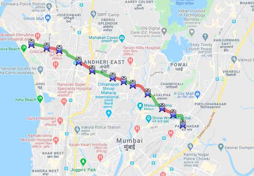 Mumbai Metro - Route Map, Versova
D.N. Nagar
Azad Nagar
Andheri
Western Express Highway
Chakala (J.B.Nagar)
Airport Road
Marol Naka
Saki Naka
Asalpha
Jagruti Nagar
Ghatkopar